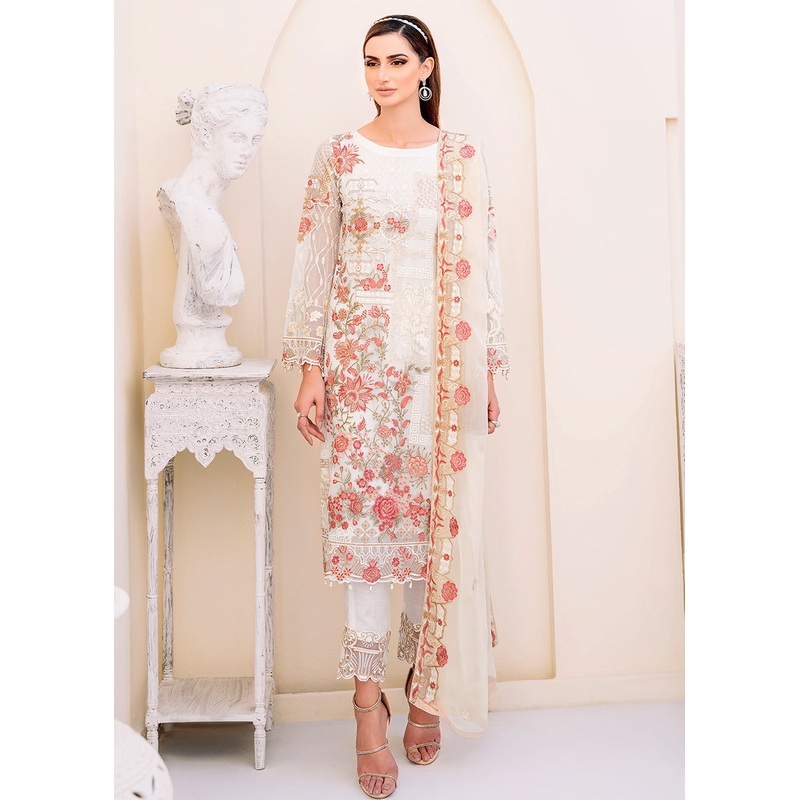 White Embroidered Suit - Ramsha Chiffon Vol 23 - #F-2308