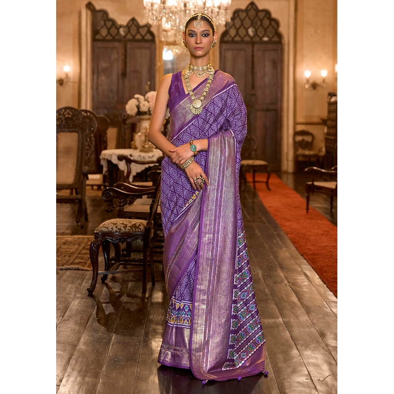 Wonderful Purple Woven Zari & Printed Patola Silk Traditional Saree
