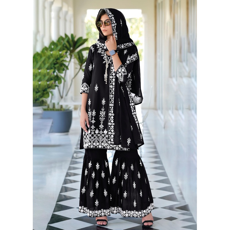 Appealing Black Mal Mal Embroidered Festive Sharara Suit