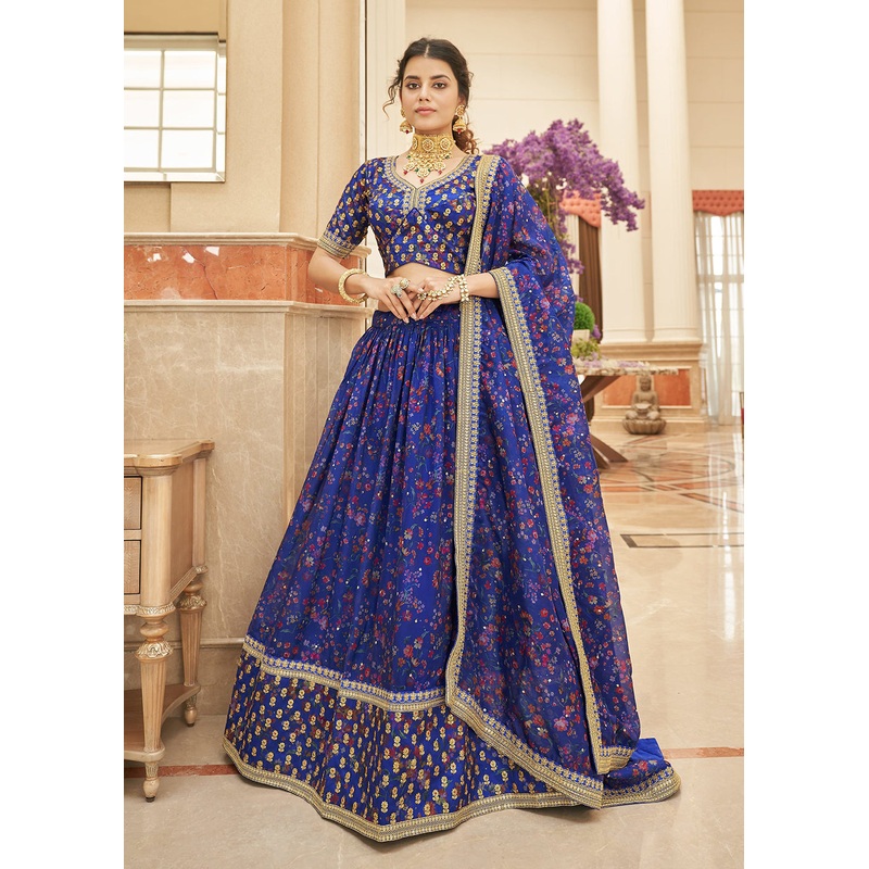 Appealing Blue Organza Heavy Embroidery Wedding Lehenga Choli