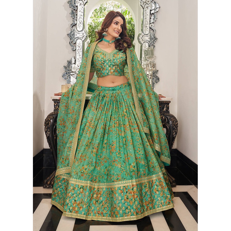 Appealing Green Organza Heavy Embroidery Wedding Lehenga Choli