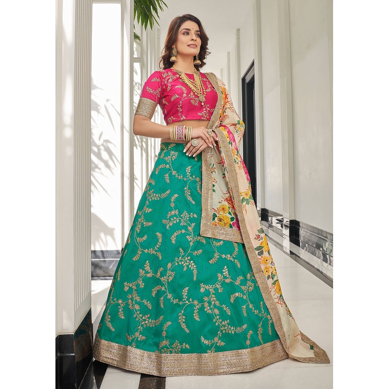 Appealing Green & Pink Art Silk Embroidery Wedding Lehenga Choli