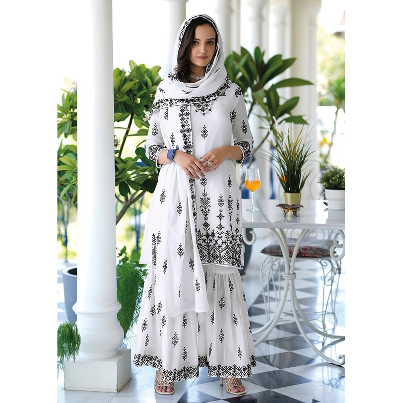 Appealing White Mal Mal Embroidered Festive Sharara Suit