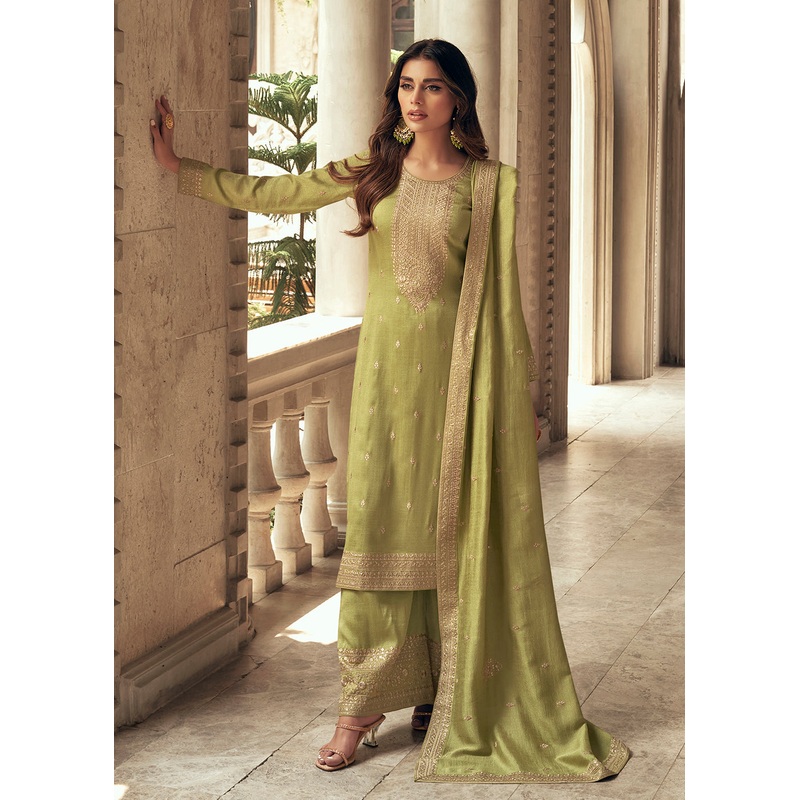 Art Silk Stunning Green Embroidered Festive Palazzo Suit