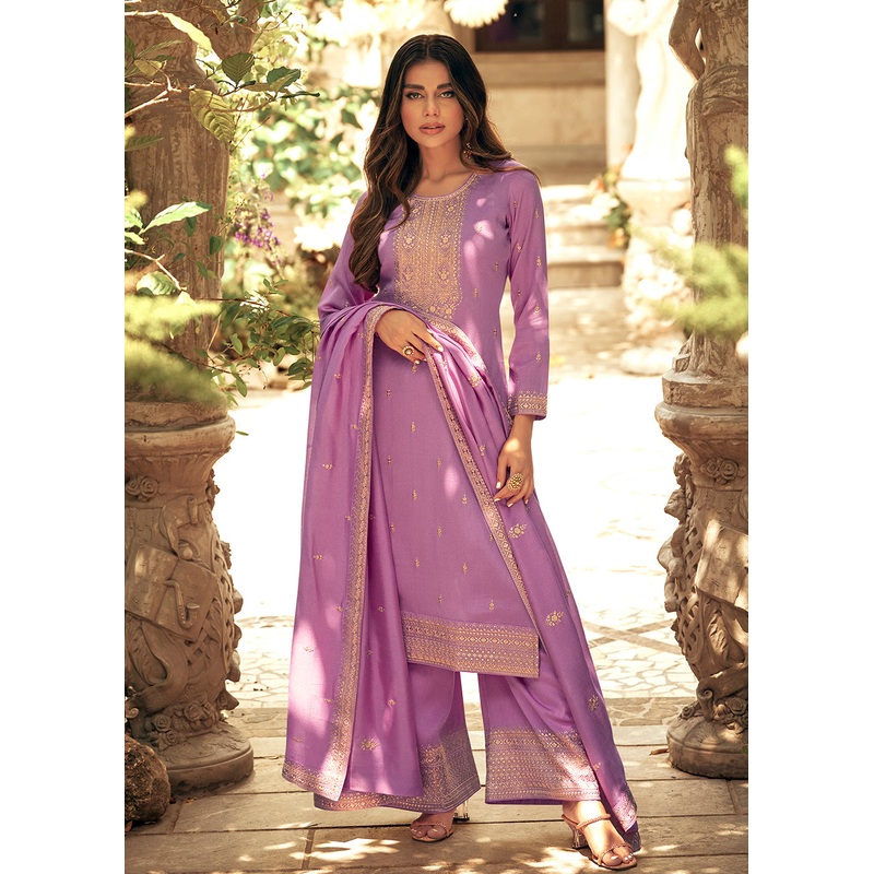 Art Silk Stunning Lavender Embroidered Festive Palazzo Suit