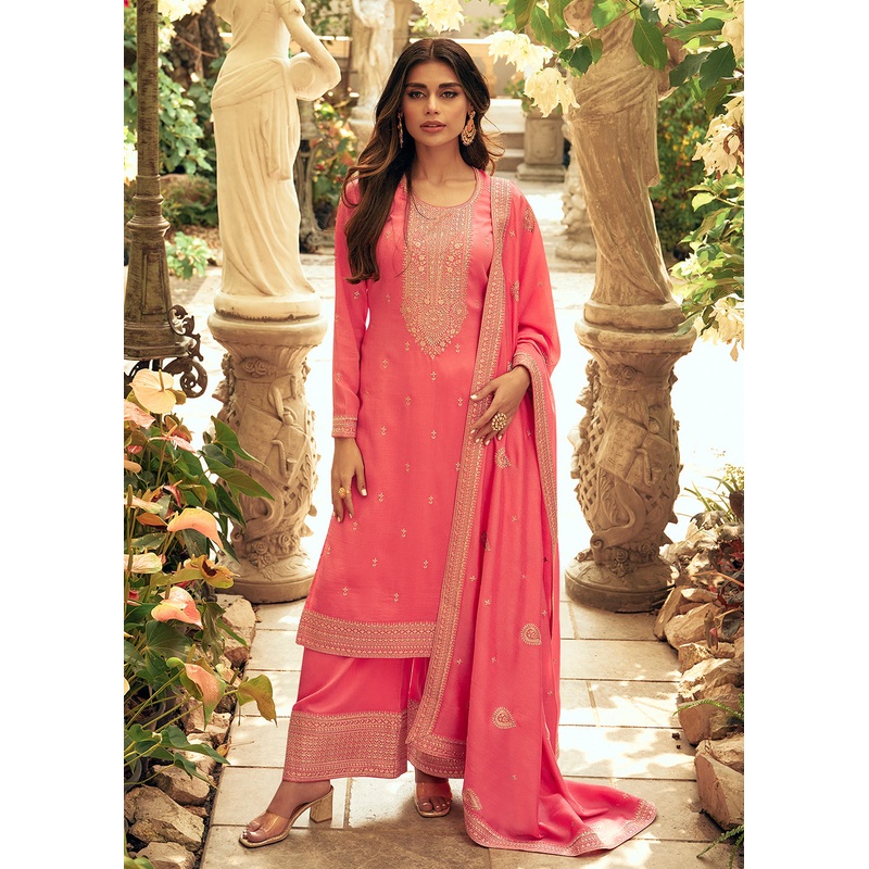 Art Silk Stunning Peach Embroidered Festive Palazzo Suit