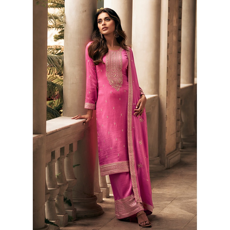 Art Silk Stunning Pink Embroidered Festive Palazzo Suit