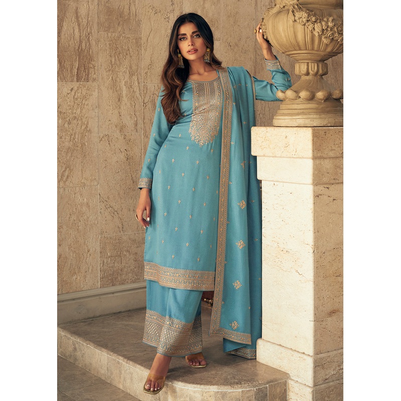 Art Silk Stunning Sky Blue Embroidered Festive Palazzo Suit