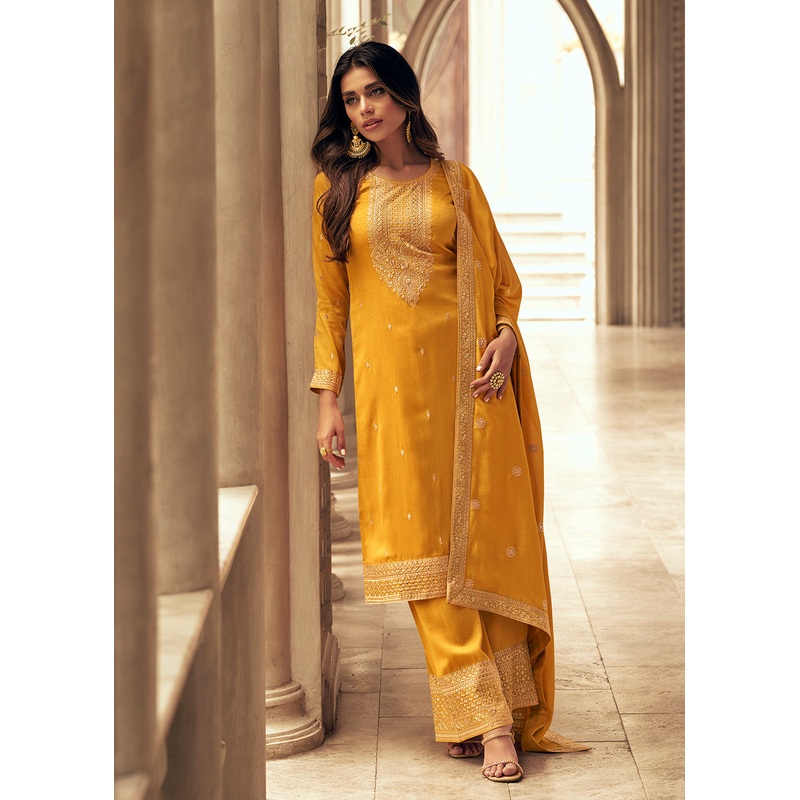 Art Silk Stunning Yellow Embroidered Festive Palazzo Suit