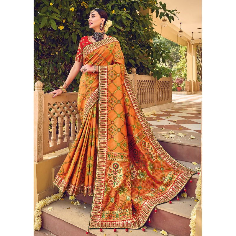 Bandhej Patola Pure Silk Orange Wedding Traditional Saree