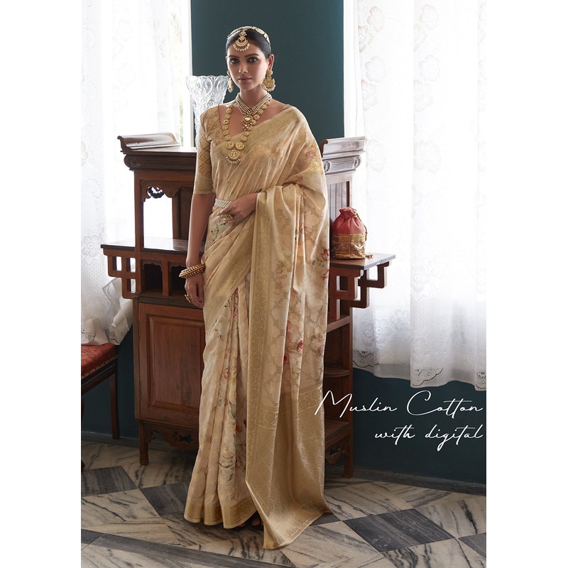 Enchanting Beige Floral Printed Soft Silk Designer Saree