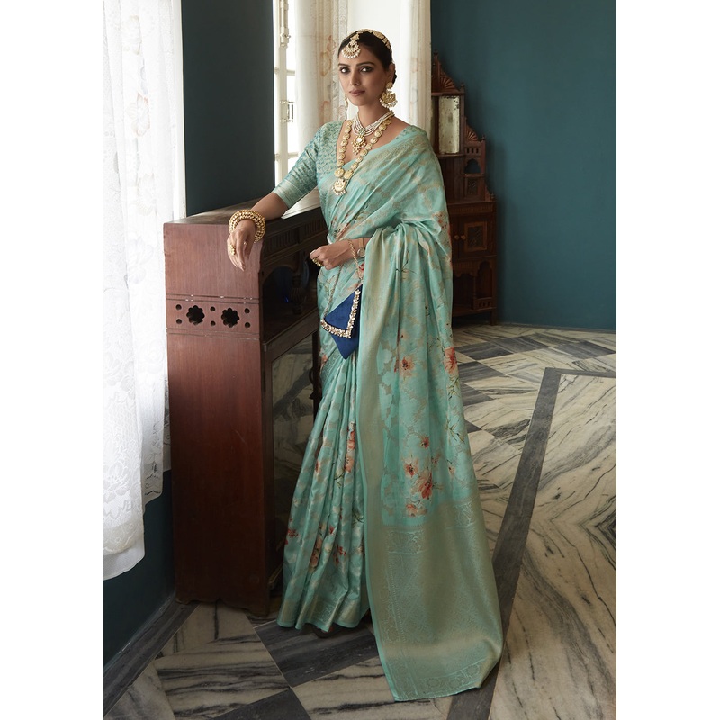 Enchanting Ice Blue Floral Printed Soft Silk Designer Saree