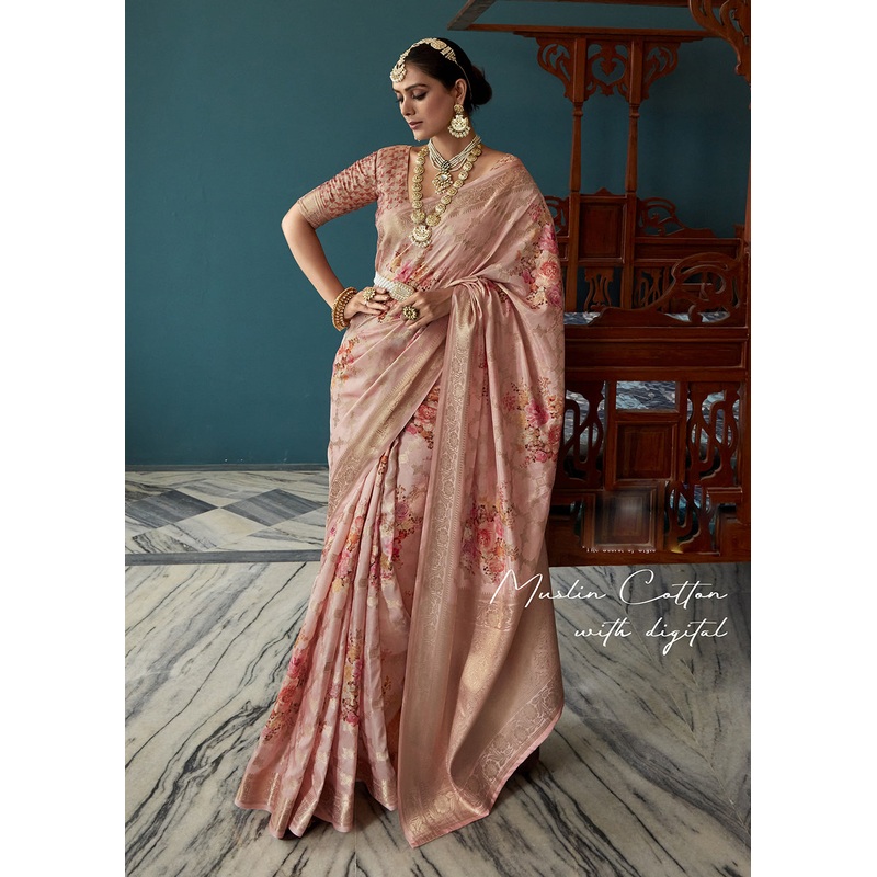 Enchanting Lily Pink Floral Printed Soft Silk Designer Saree