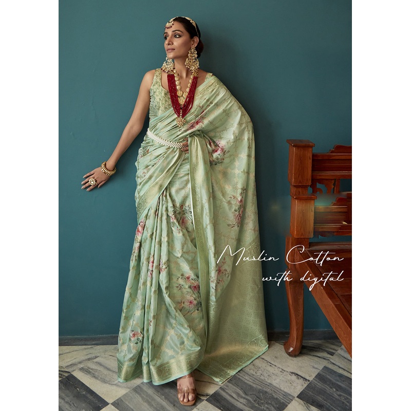 Enchanting Mint Green Floral Printed Soft Silk Designer Saree
