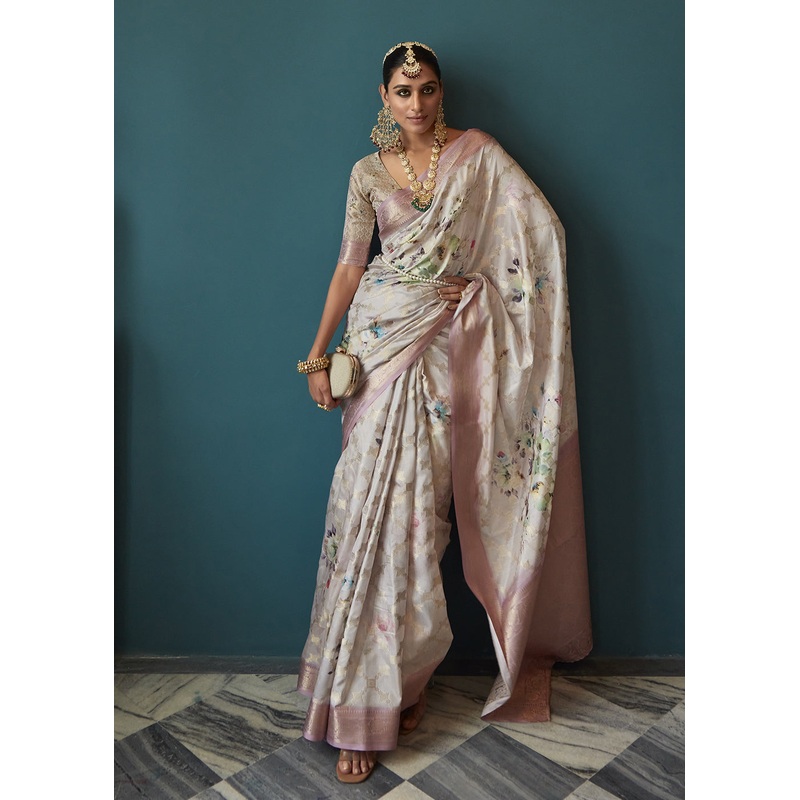 Enchanting Pastel Mauve Floral Printed Soft Silk Designer Saree