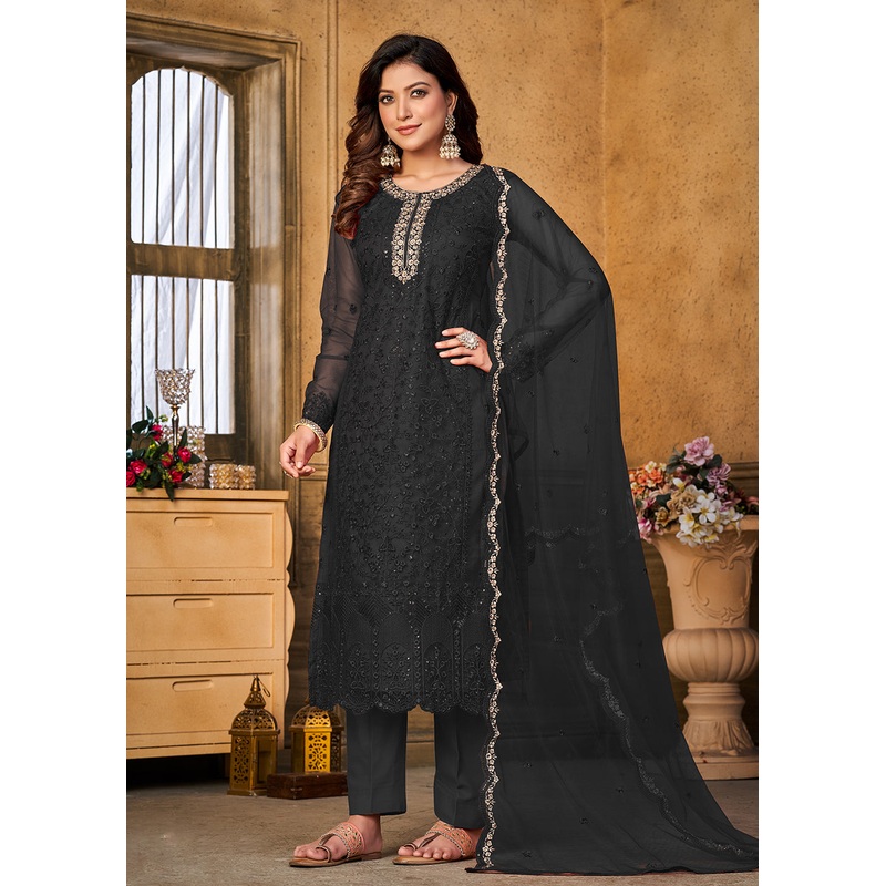 Festive Party Black Net Embroidered Trendy Salwar Suit