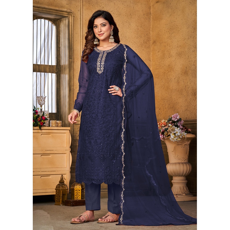 Festive Party Blue Net Embroidered Trendy Salwar Suit