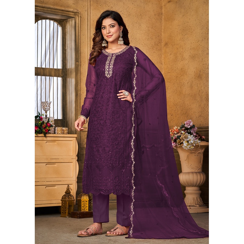 Festive Party Purple Net Embroidered Trendy Salwar Suit