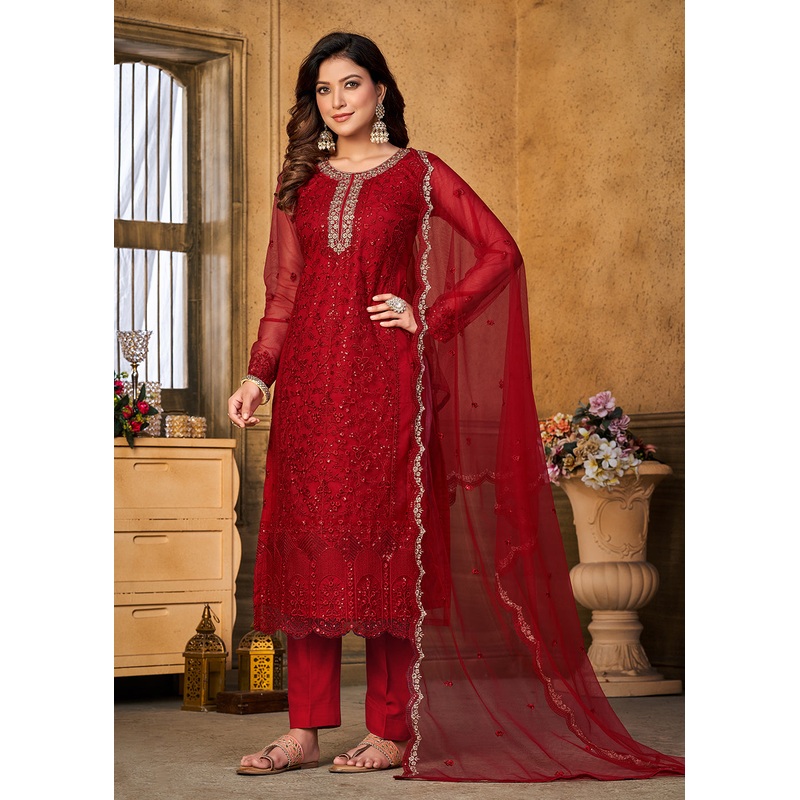 Festive Party Red Net Embroidered Trendy Salwar Suit