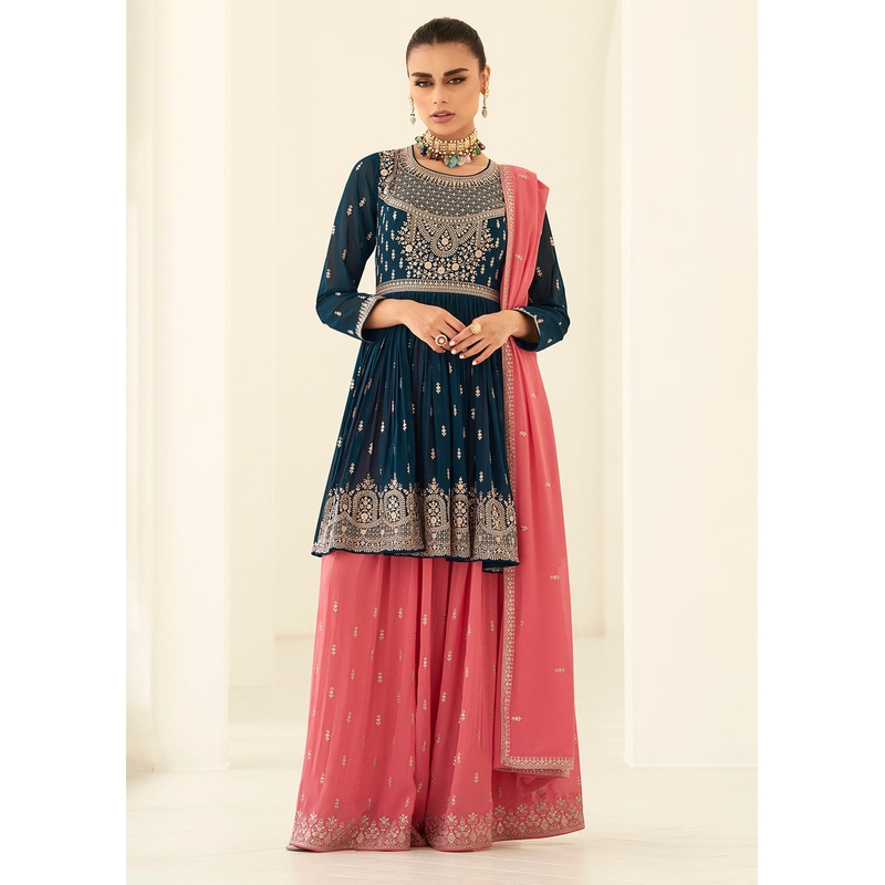 Gorgeous Georgette Blue & Pink Wedding Palazzo Suit