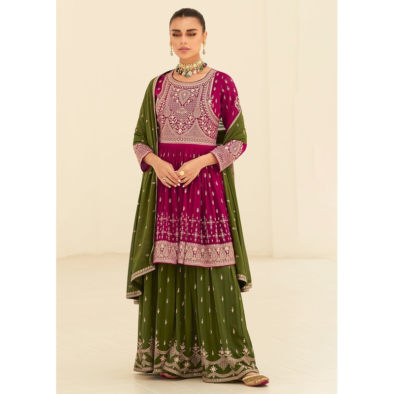 Gorgeous Georgette Magenta & Green Wedding Palazzo Suit
