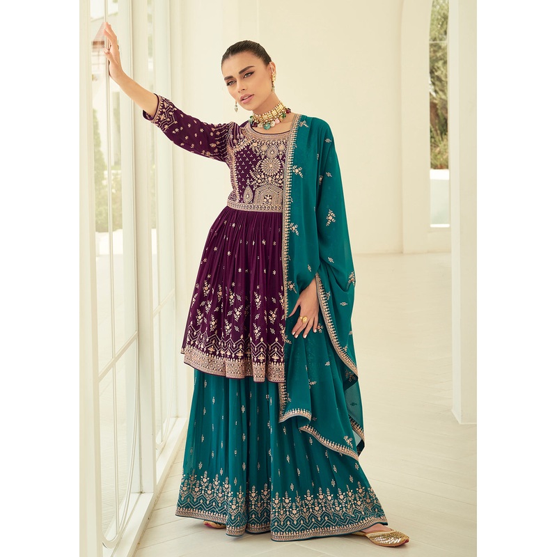 Gorgeous Georgette Purple & Teal Wedding Palazzo Suit