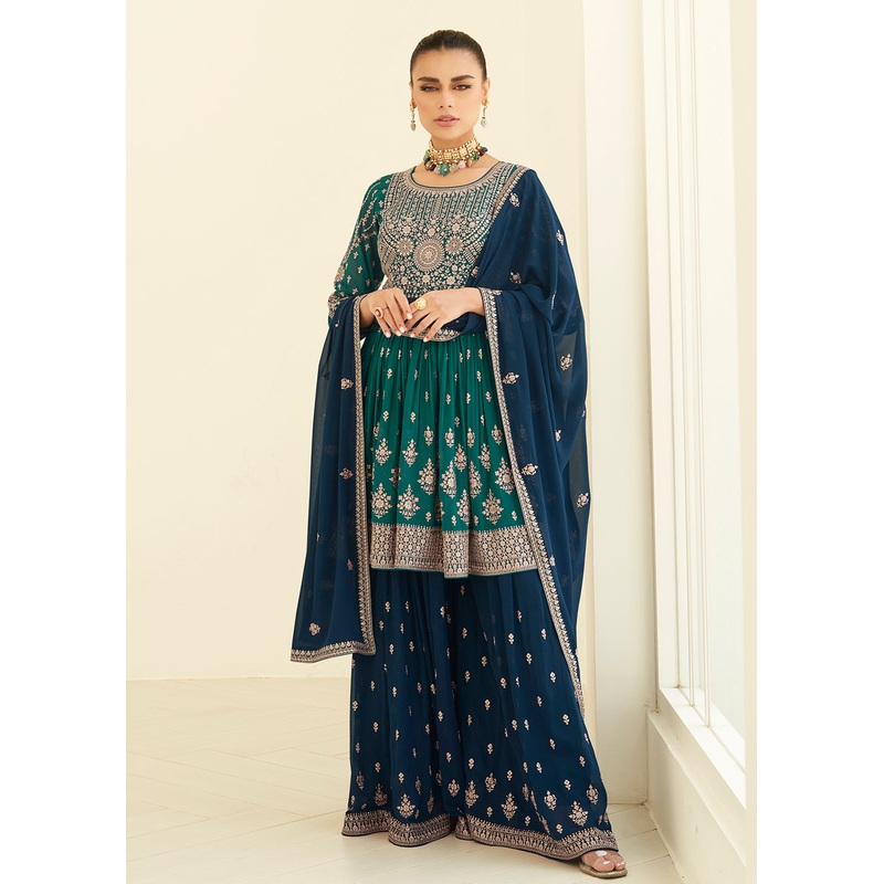 Gorgeous Georgette Teal & Navy Blue Wedding Palazzo Suit