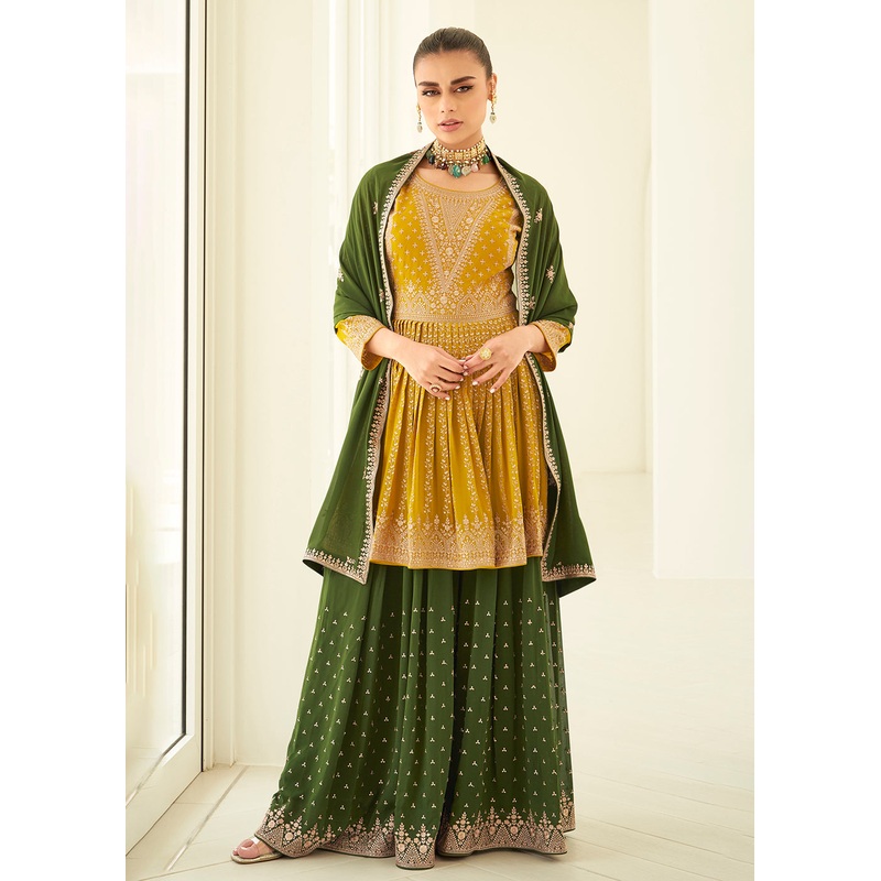 Gorgeous Georgette Yellow & Green Wedding Palazzo Suit