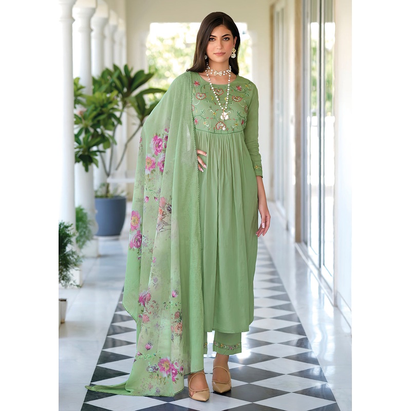 Graceful Green Mal Mal Cotton Casual Look Salwar Suit