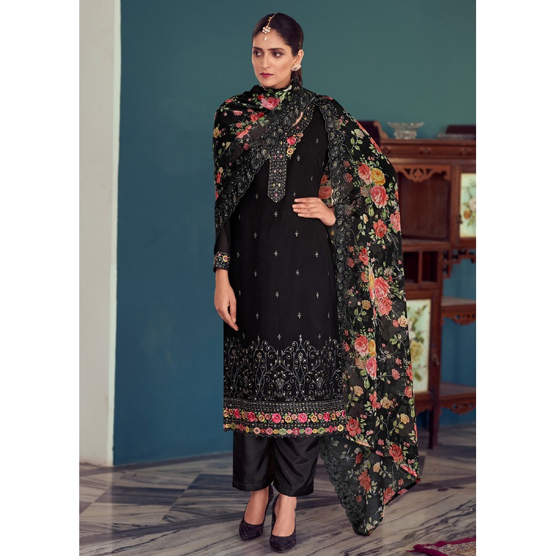 Heavy Embroidered Classy Black Georgette Festive Salwar Suit