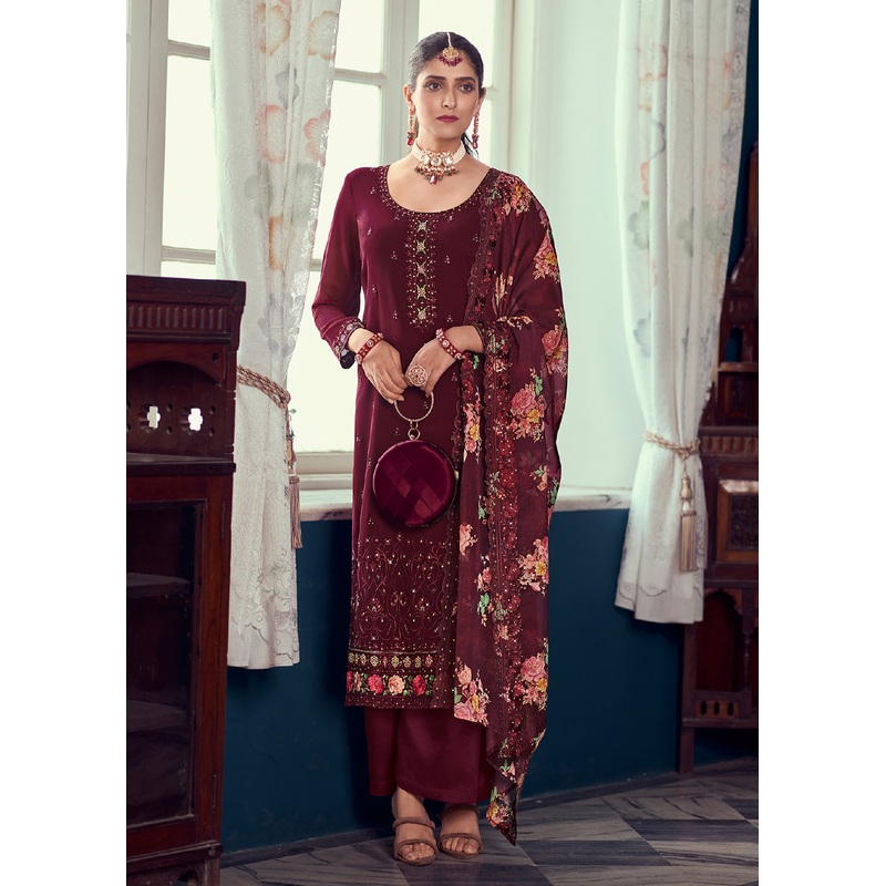 Heavy Embroidered Classy Brown Georgette Festive Salwar Suit