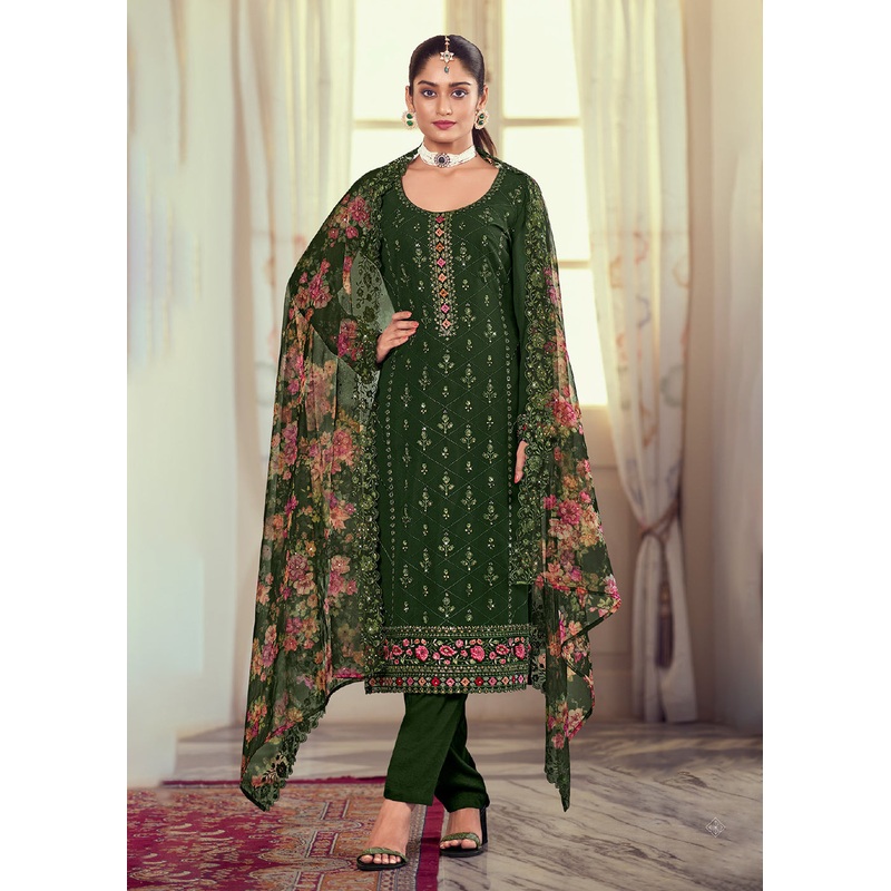 Heavy Embroidered Classy Green Georgette Festive Salwar Suit