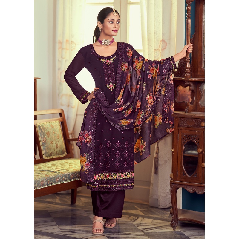 Heavy Embroidered Classy Purple Georgette Festive Salwar Suit