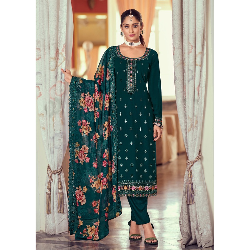 Heavy Embroidered Classy Teal Georgette Festive Salwar Suit