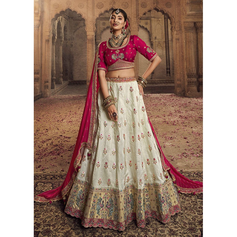 Heavy Viscose Cream & Rani Pink Embroidered Bridal Lehenga Choli