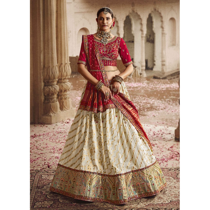 Heavy Viscose Cream & Red Embroidered Bridal Lehenga Choli