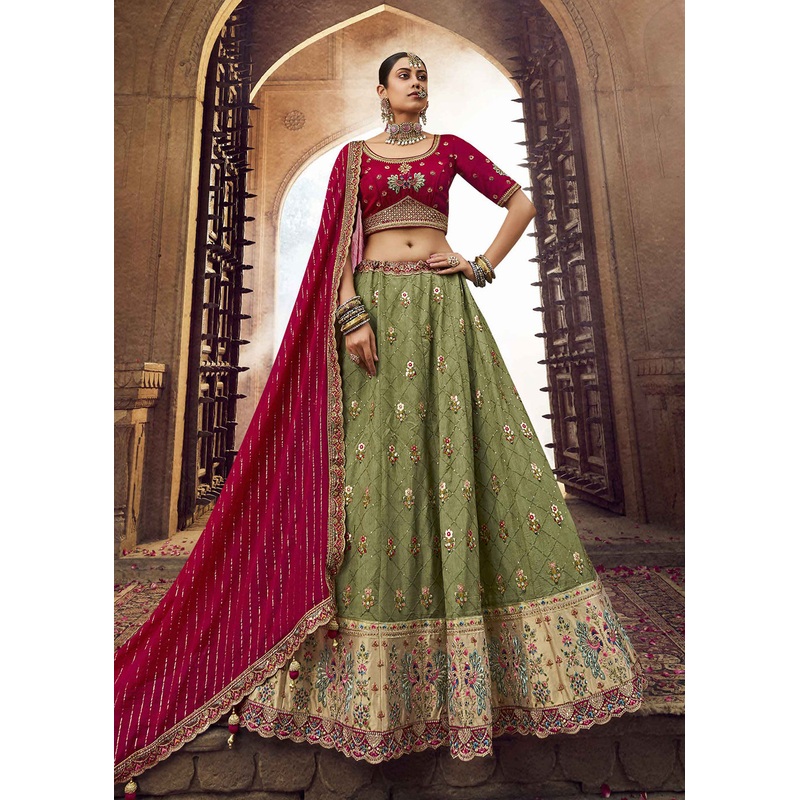 Heavy Viscose Green & Rani Pink Embroidered Bridal Lehenga Choli