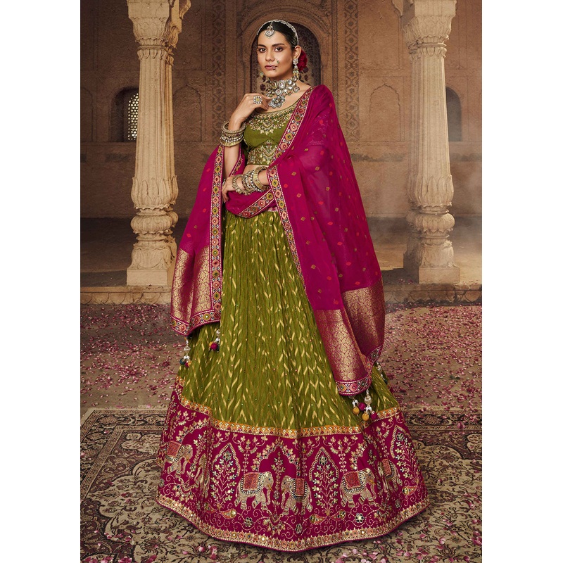 Heavy Viscose Mehndi Green Embroidered Bridal Lehenga Choli