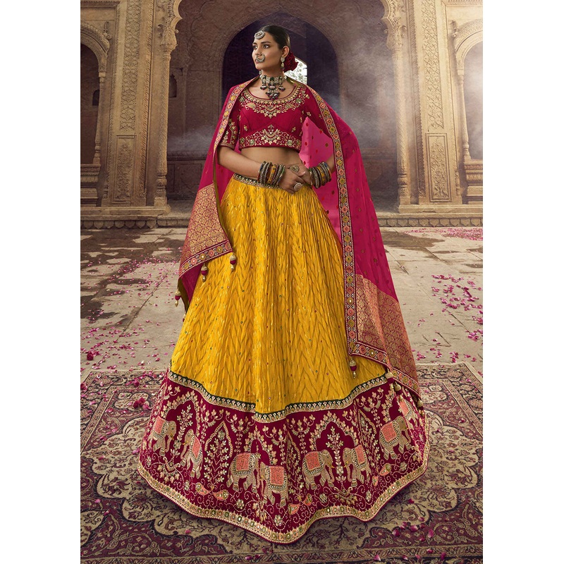 Heavy Viscose Mustard & Maroon Embroidered Bridal Lehenga Choli