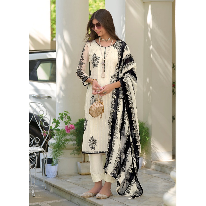 Magnificent Off White Organza Fancy Trendy Salwar Suit
