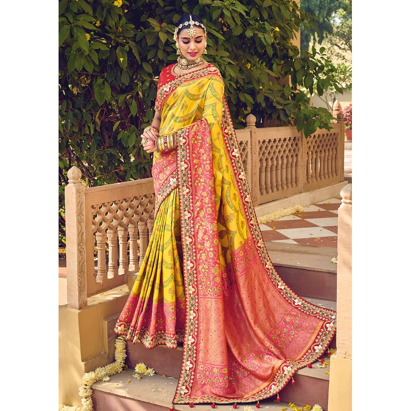 Patna Patola Pure Silk Yellow & Red Wedding Traditional Saree