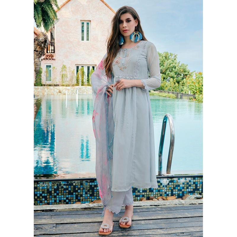 Pleasing Blue Organza Khatli Hand Work Salwar Kameez