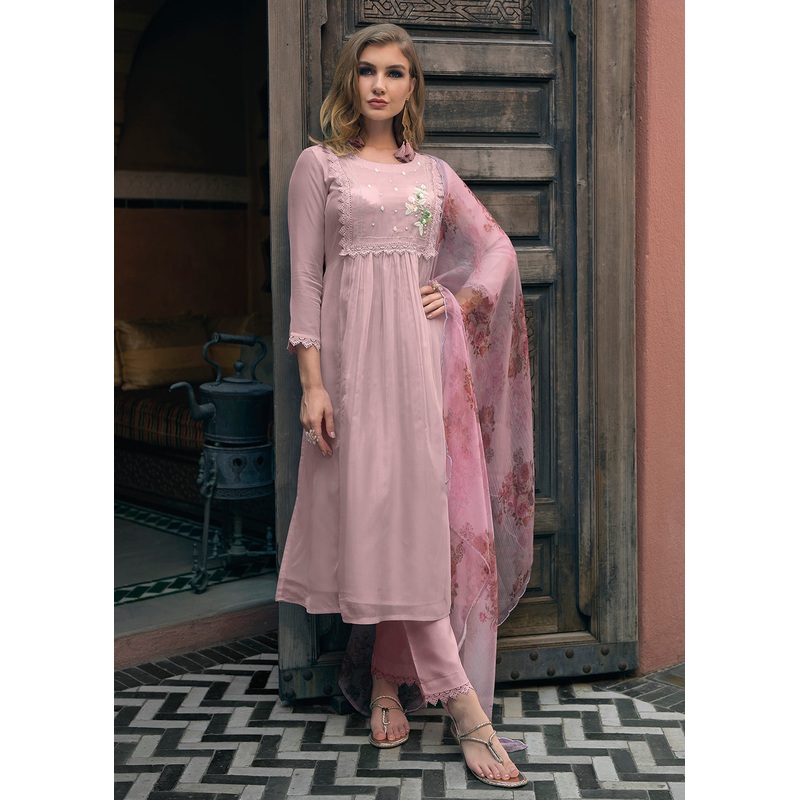 Pleasing Mauve Organza Khatli Hand Work Salwar Kameez