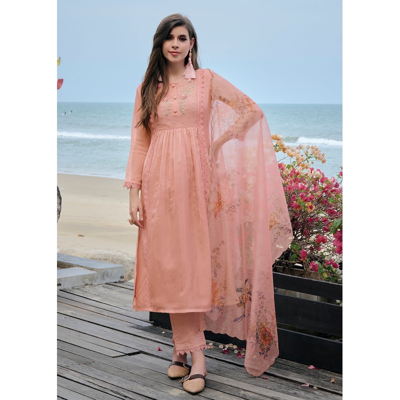 Pleasing Peach Organza Khatli Hand Work Salwar Kameez
