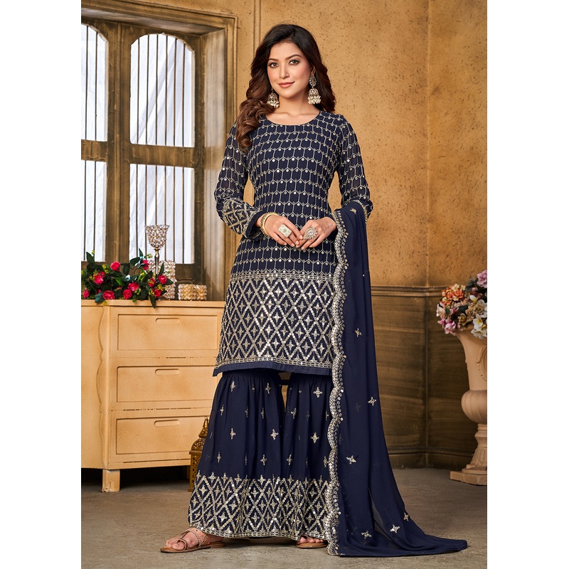 Pretty Sequins Embroidered Blue Festive Gharara Style Suit