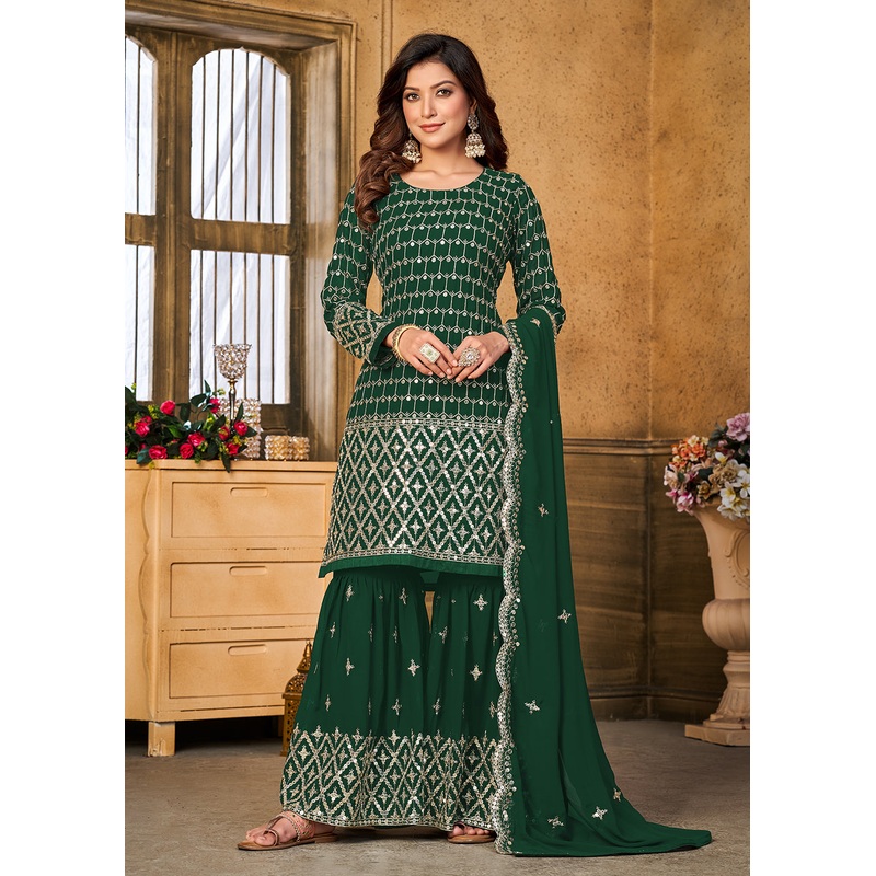 Pretty Sequins Embroidered Green Festive Gharara Style Suit