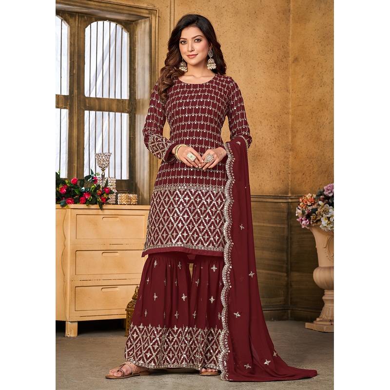 Pretty Sequins Embroidered Maroon Festive Gharara Style Suit