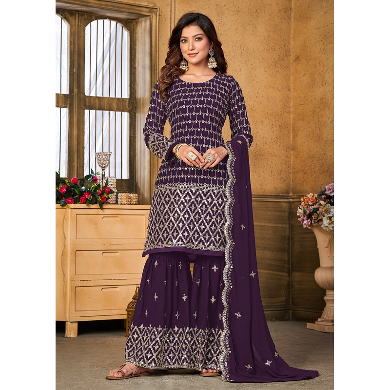 Pretty Sequins Embroidered Purple Festive Gharara Style Suit