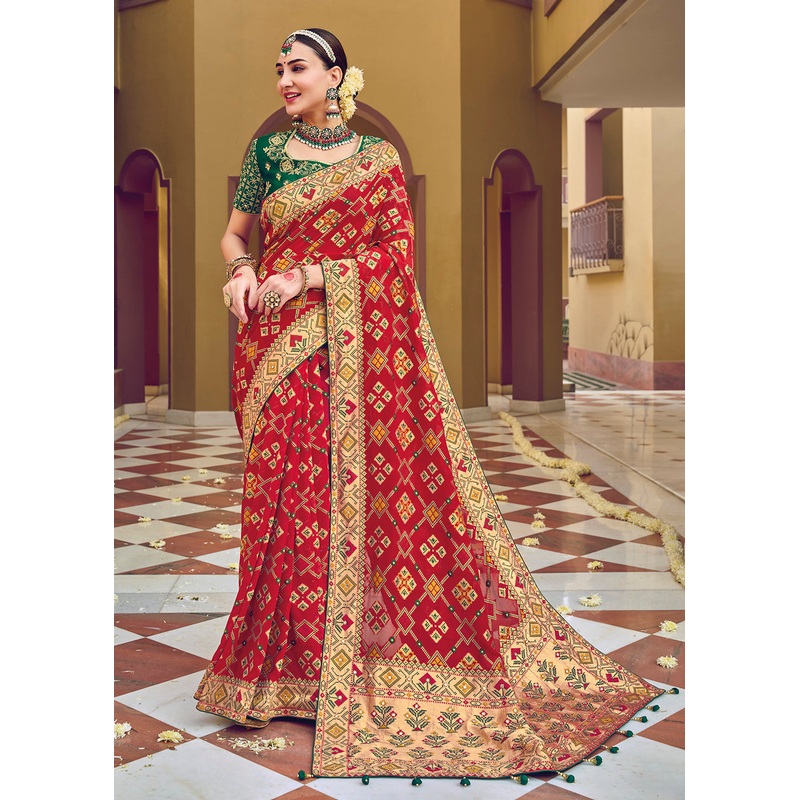 Pure Georgette Viscose Crimson Red Wedding Traditional Saree