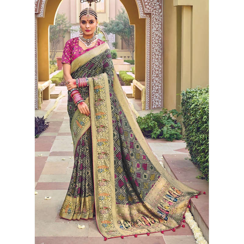 Pure Georgette Viscose Dark Grey Wedding Traditional Saree